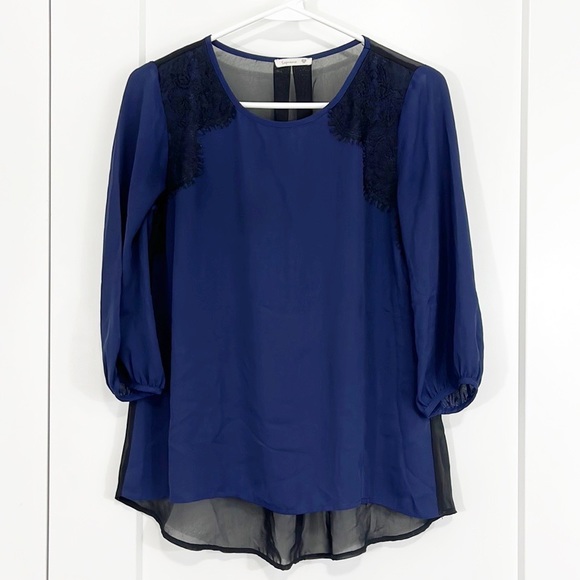 Soprano Small Blue and Black Sheer Lace 3/4 Sleeve Blouse - Picture 1 of 9